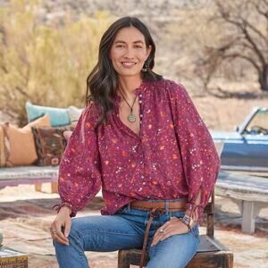 Sundance Dorthea Bloom Top Ruffle Puff Sleeve Button Down Floral Blouse XS